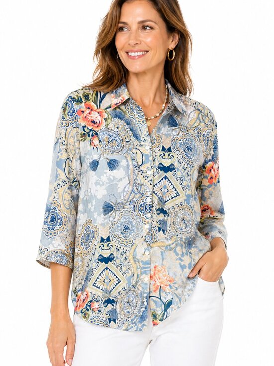 Chico's Tops - Chicos Linen Blouse Blue Floral Paisley Button Front Lightweight Summer Top SZ 1